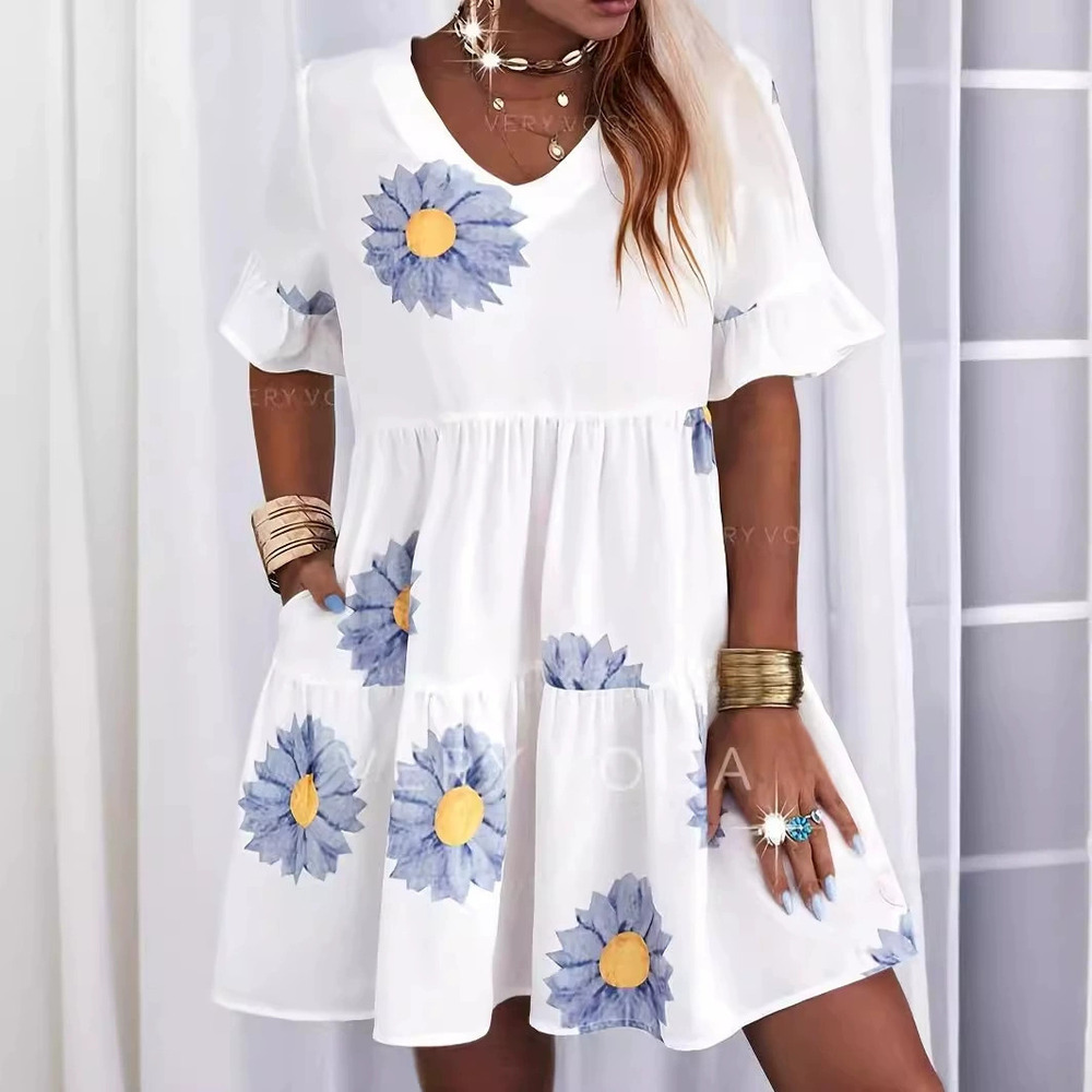 ZARA Summer Digital Print Collar Flounce Sleeve Pleated Pocket Dress